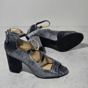 SUEDE Blue Gray Velvet Block Heel Sandals Women's Size 8.5